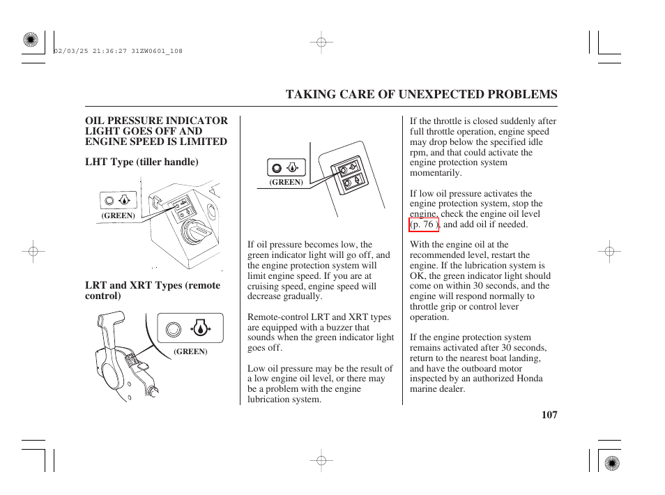 Oil pressure indicator light goes off | HONDA Outboard Motor BF75A User Manual | Page 109 / 130
