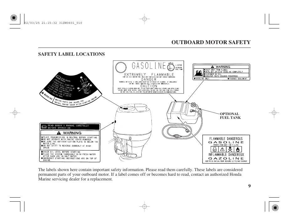 Safety label locations | HONDA Outboard Motor BF75A User Manual | Page 11 / 130