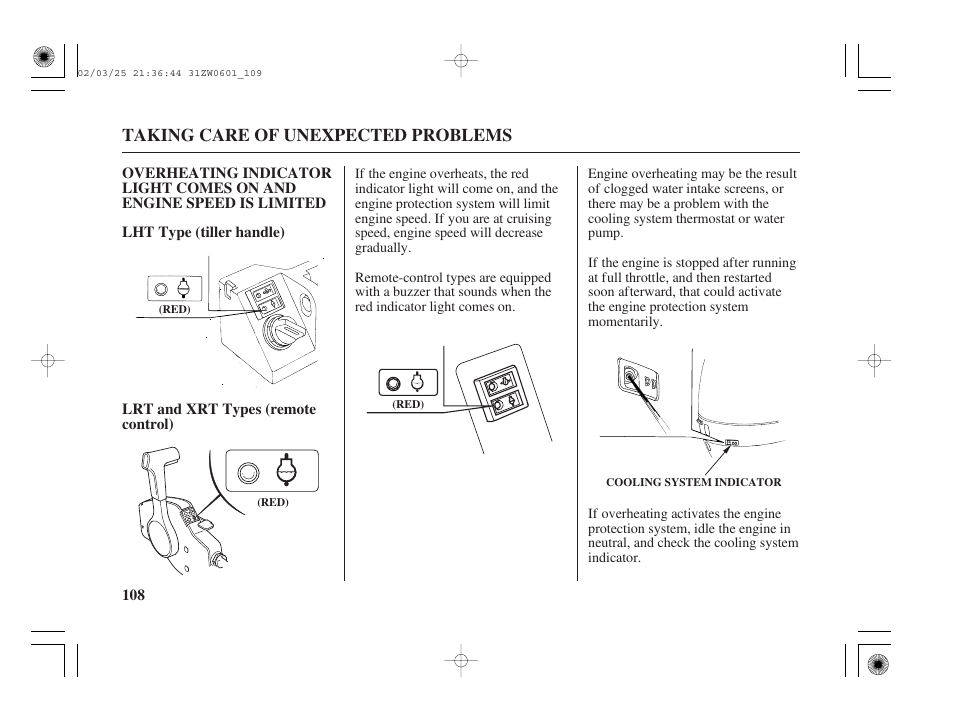 Overheating indicator light comes on, Taking care of unexpected problems | HONDA Outboard Motor BF75A User Manual | Page 110 / 130