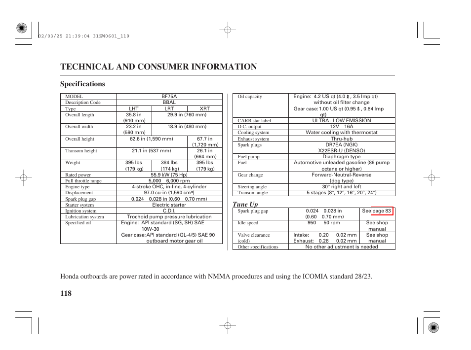 Specifications, Technical and consumer information, 118 specifications | Tune up | HONDA Outboard Motor BF75A User Manual | Page 120 / 130