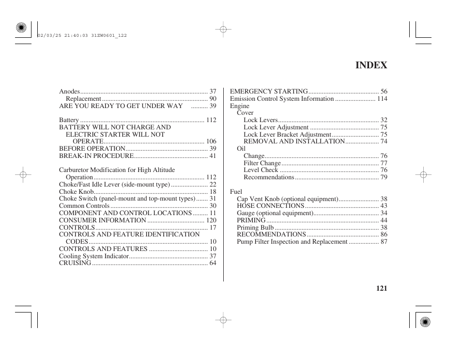 Index | HONDA Outboard Motor BF75A User Manual | Page 126 / 130