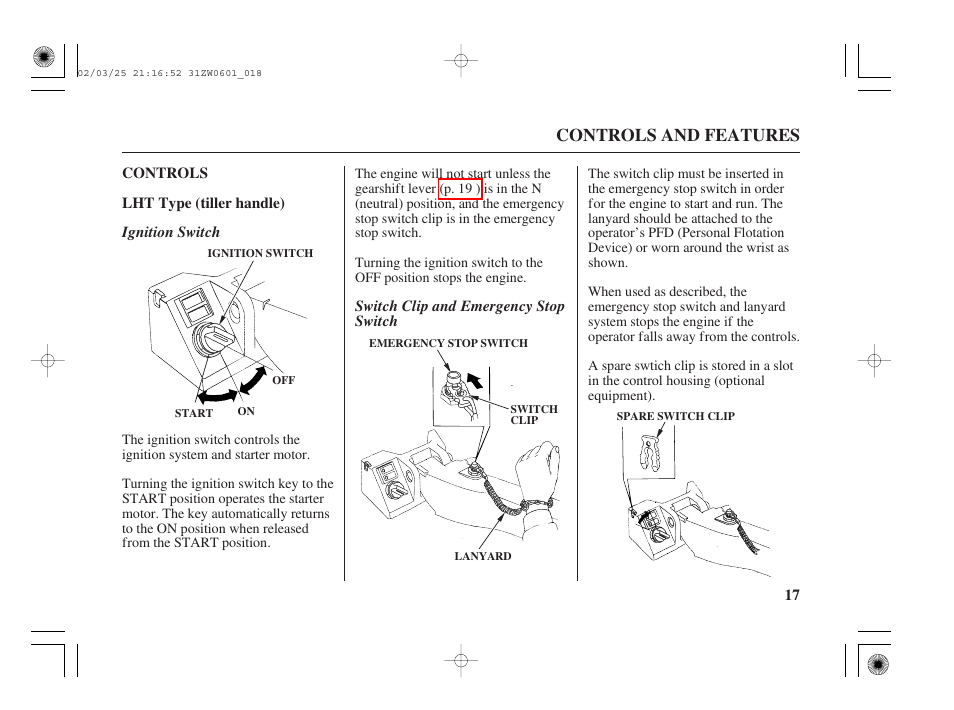 Controls, Controls and features | HONDA Outboard Motor BF75A User Manual | Page 19 / 130