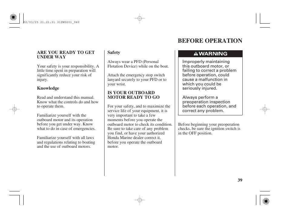 Before operation, Are you ready to get underway, Is your outboard motor ready to go | HONDA Outboard Motor BF75A User Manual | Page 41 / 130