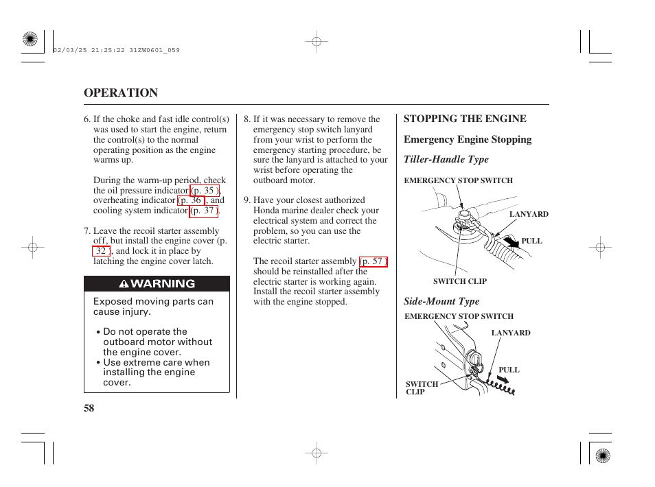 Stopping the engine, Operation | HONDA Outboard Motor BF75A User Manual | Page 60 / 130