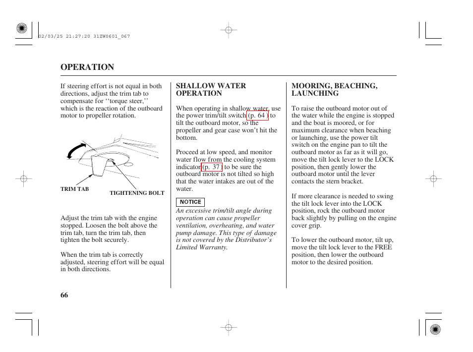 Shallow water operation, Mooring, beaching, launching | HONDA Outboard Motor BF75A User Manual | Page 68 / 130