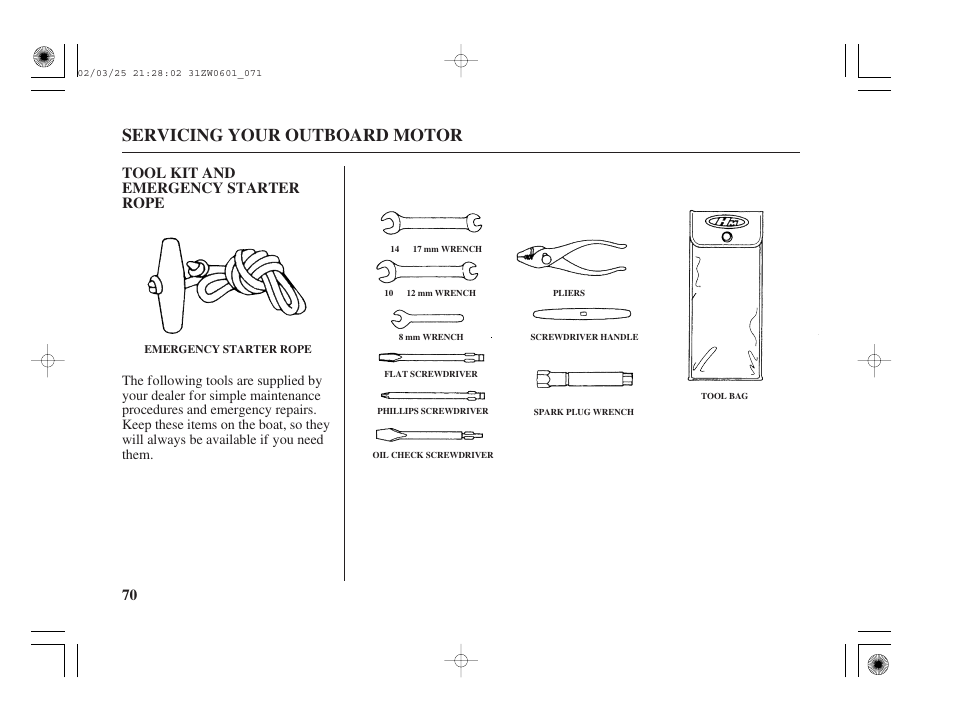 Tool kit and emergency starter rope, Servicing your outboard motor, 70 tool kit and emergency starter rope | HONDA Outboard Motor BF75A User Manual | Page 72 / 130
