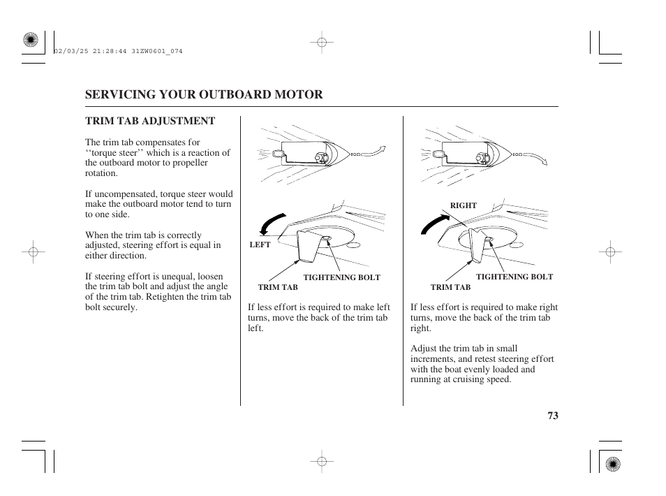 Trim tab adjustment, Servicing your outboard motor | HONDA Outboard Motor BF75A User Manual | Page 75 / 130