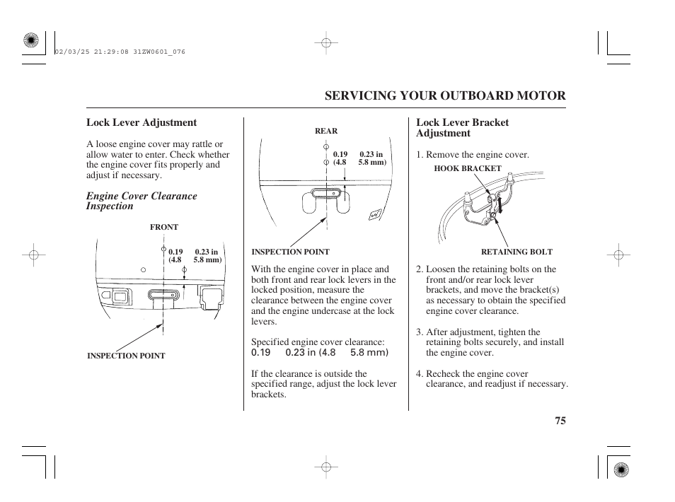 Servicing your outboard motor | HONDA Outboard Motor BF75A User Manual | Page 77 / 130