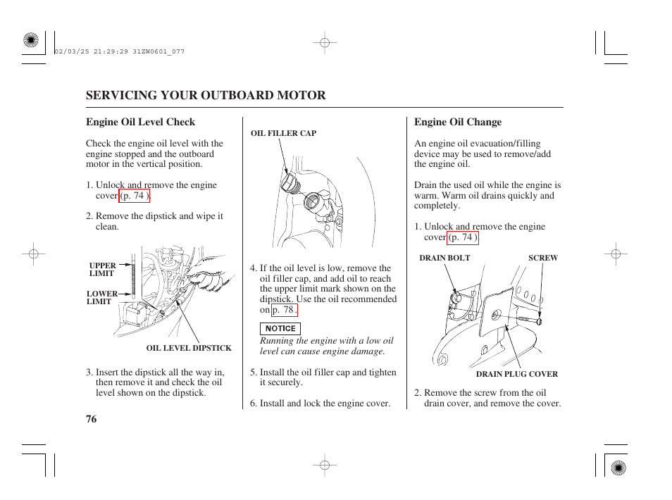 Servicing your outboard motor | HONDA Outboard Motor BF75A User Manual | Page 78 / 130