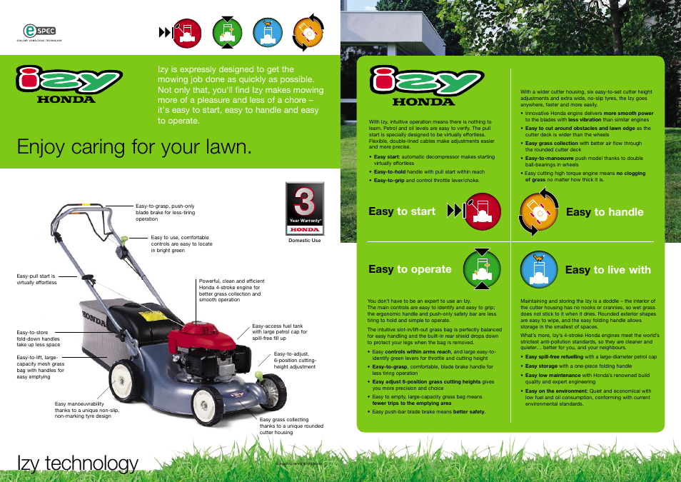 Izy technology, Enjoy caring for your lawn, Easy to operate | Easy to handle easy to start easy to live with | HONDA Lawnmower User Manual | Page 2 / 4