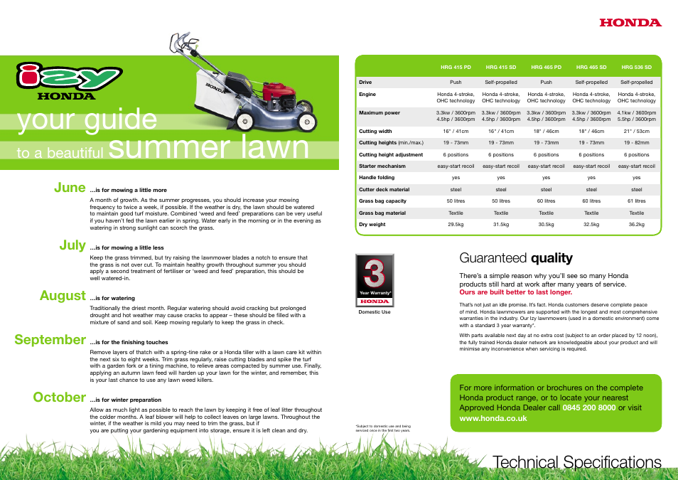 Summer lawn, Your guide, Technical specifications | Guaranteed quality, June july august september october | HONDA Lawnmower User Manual | Page 4 / 4