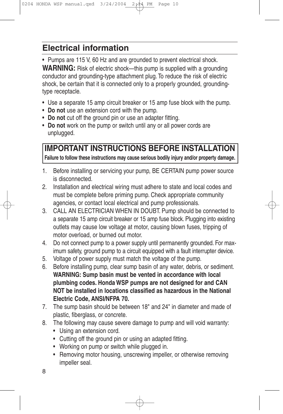 Electrical information, Important instructions before installation, Warning | HONDA WSP33AA User Manual | Page 10 / 23