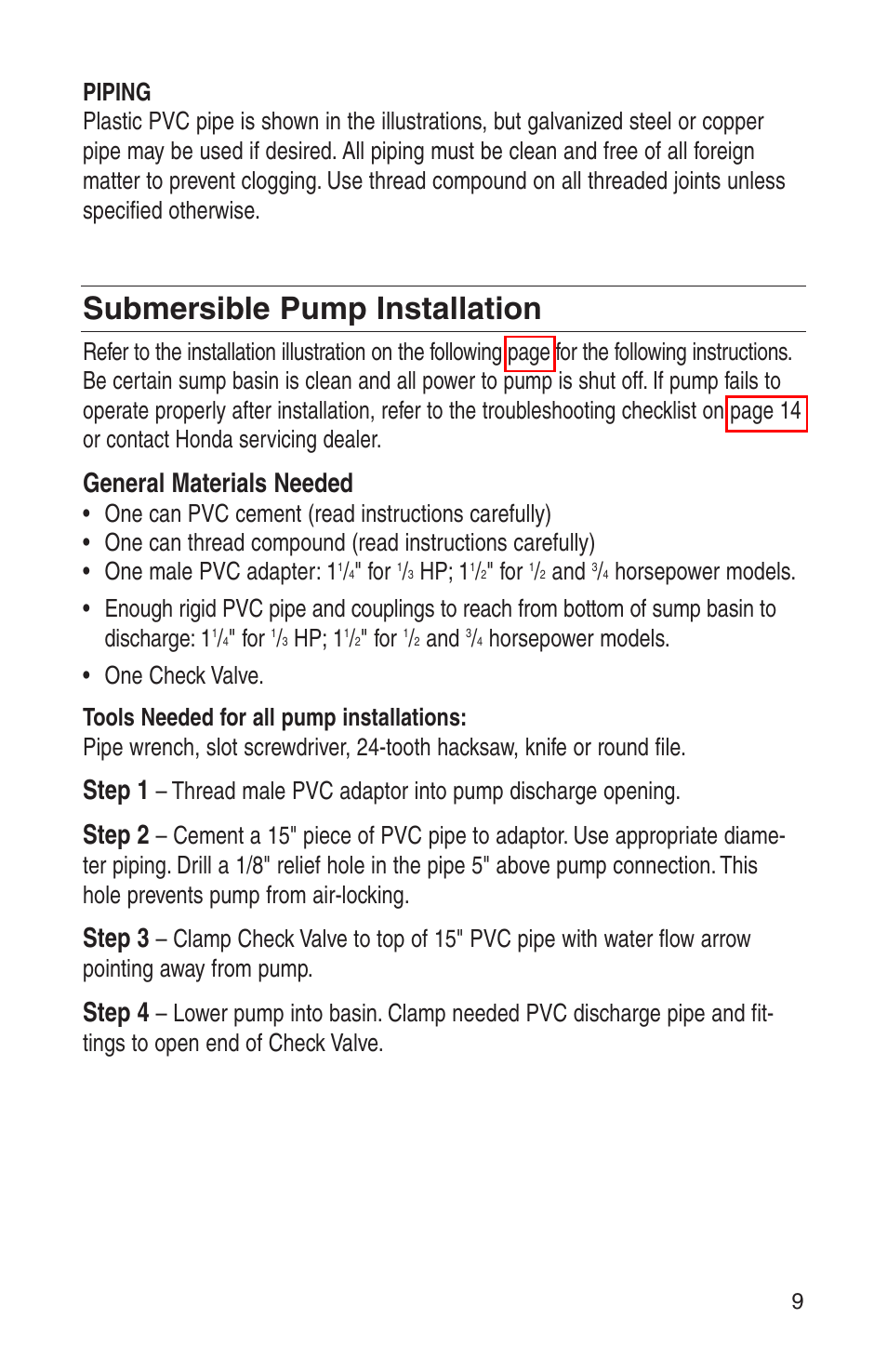 Submersible pump installation, General materials needed, Step 1 | Step 2, Step 3, Step 4 | HONDA WSP33AA User Manual | Page 11 / 23