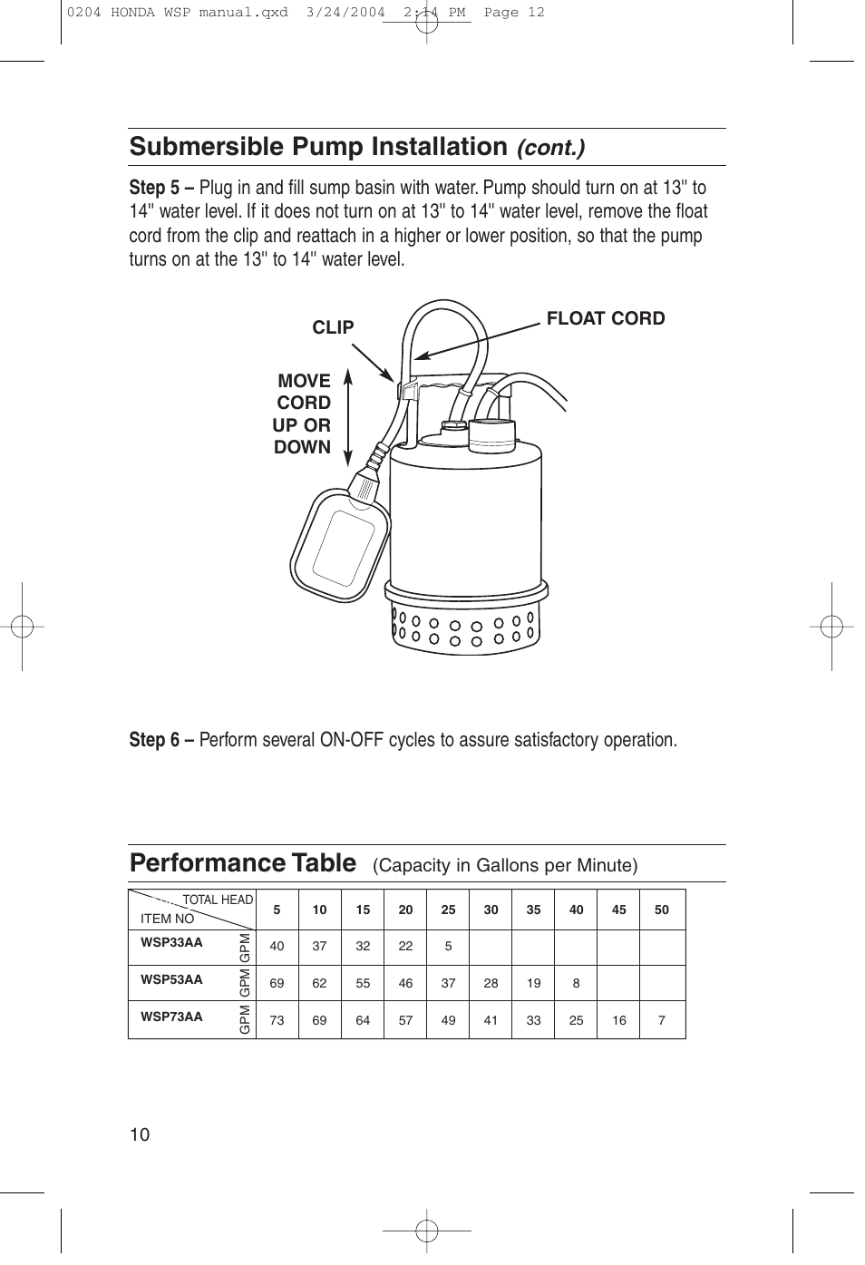 Performance table, Submersible pump installation, Cont.) | Float cord clip move cord up or down, Capacity in gallons per minute) | HONDA WSP33AA User Manual | Page 12 / 23