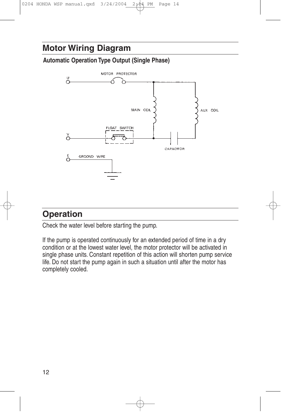 Motor wiring diagram, Operation, Motor wiring diagram operation | HONDA WSP33AA User Manual | Page 14 / 23