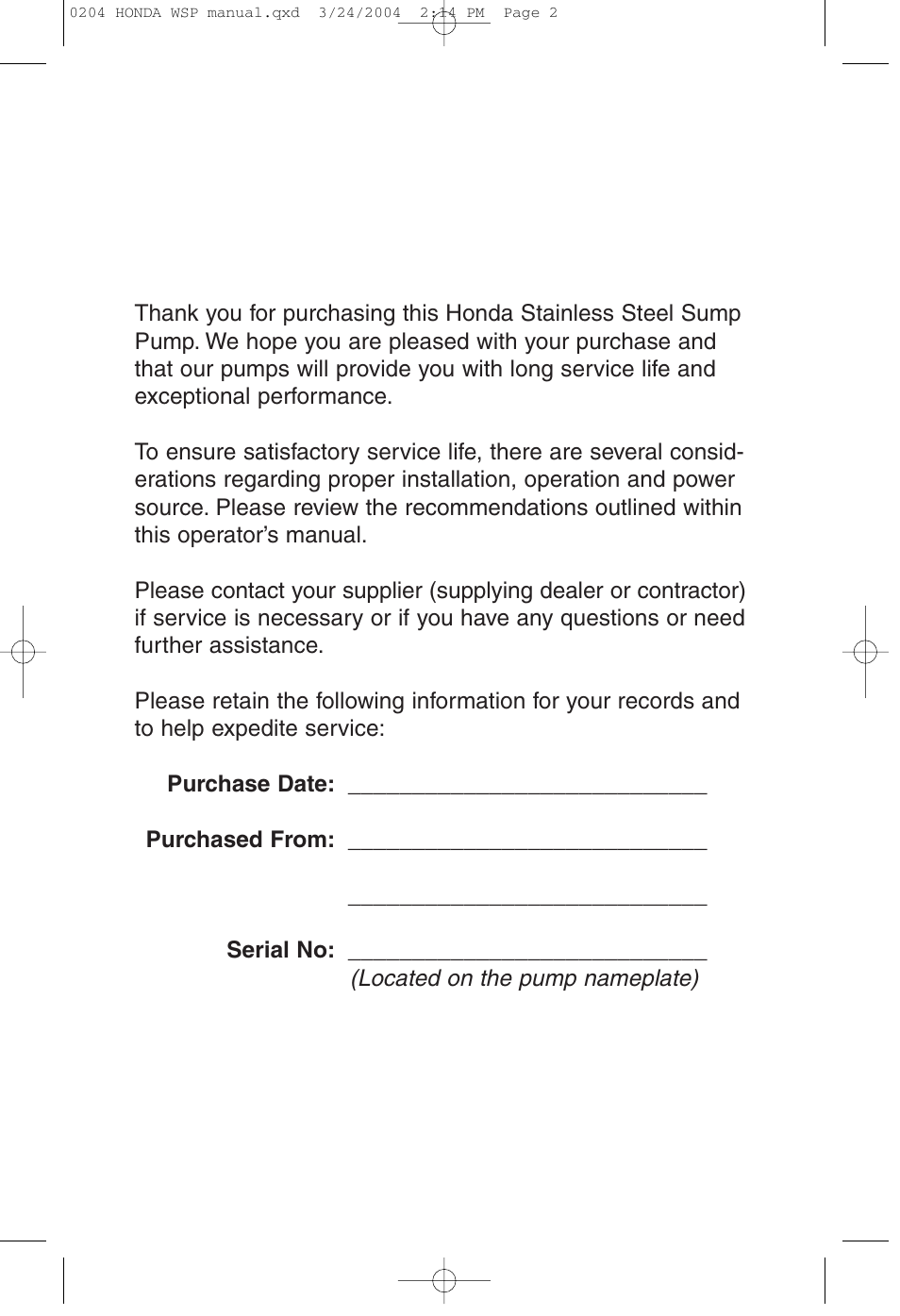 HONDA WSP33AA User Manual | Page 2 / 23