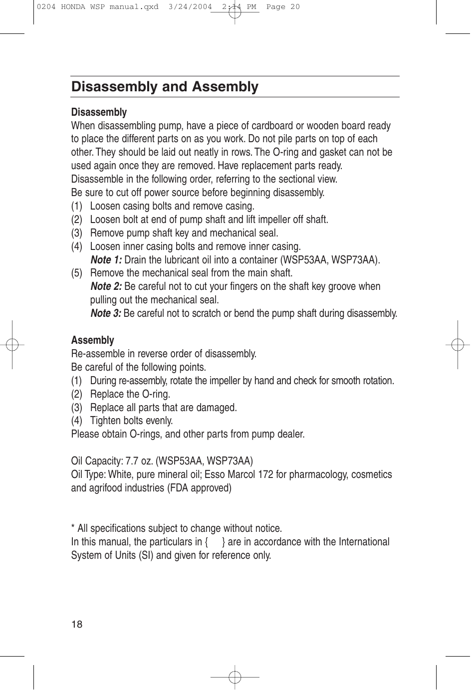 Disassembly and assembly | HONDA WSP33AA User Manual | Page 20 / 23