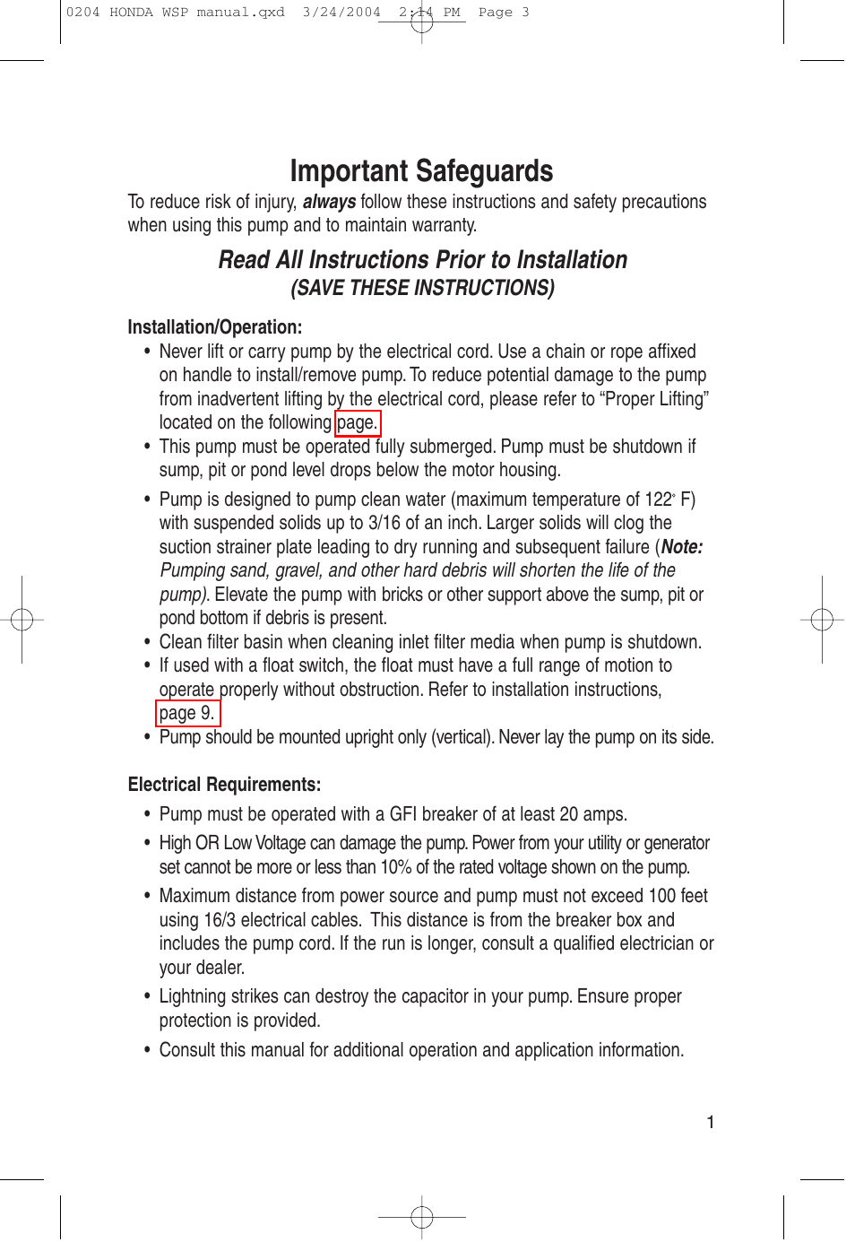 Important safeguards, Read all instructions prior to installation | HONDA WSP33AA User Manual | Page 3 / 23