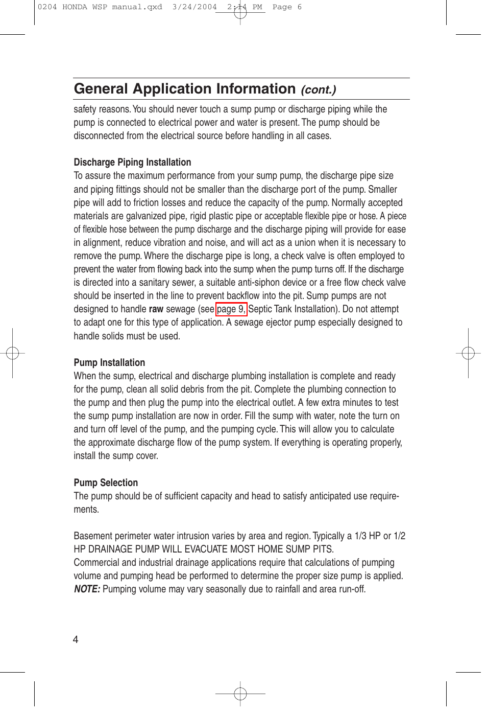 Discharge piping installation, Pump installation, Pump selection | General application information | HONDA WSP33AA User Manual | Page 6 / 23