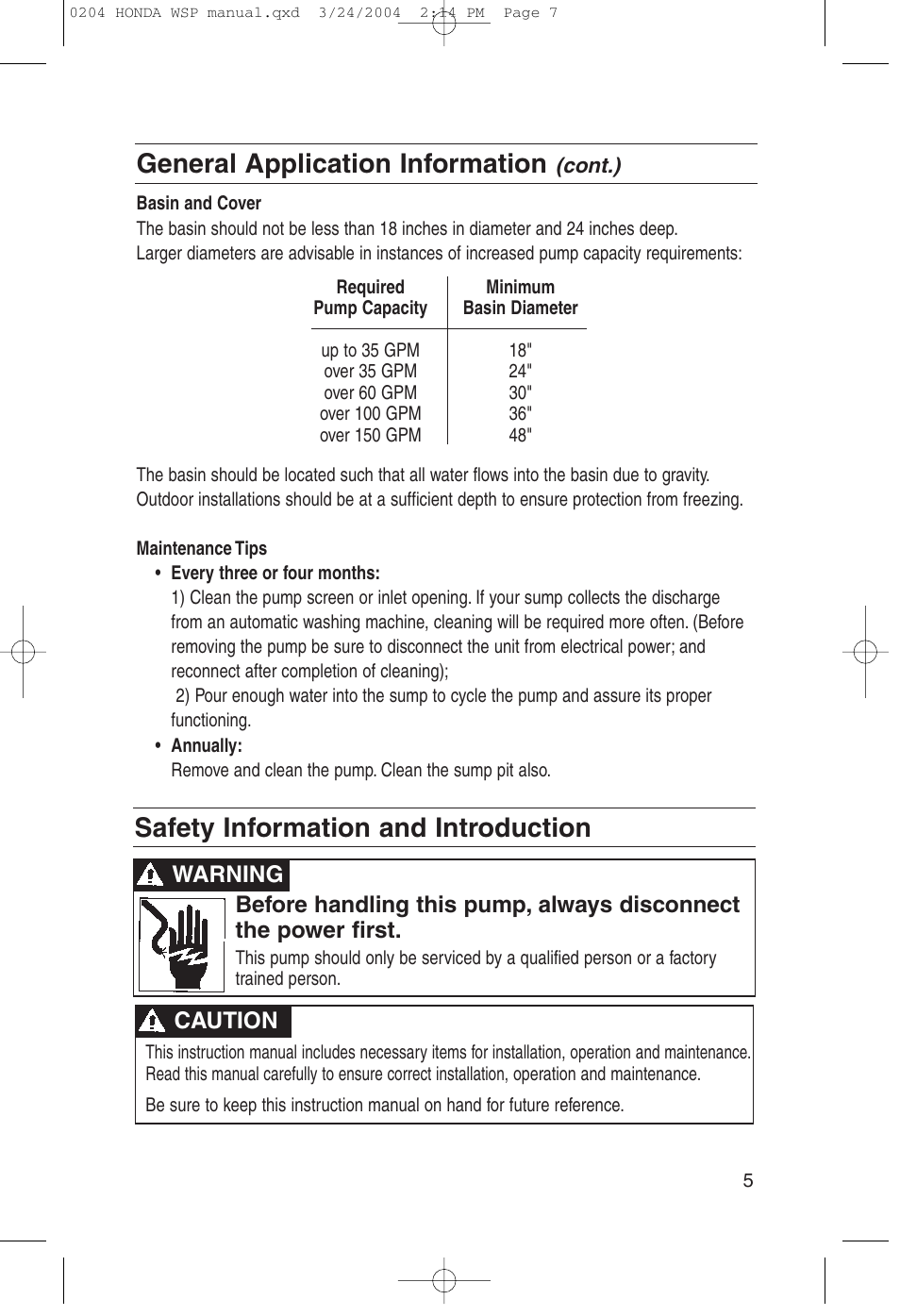 Basin and cover, Maintenance tips, Safety information and introduction | General application information | HONDA WSP33AA User Manual | Page 7 / 23