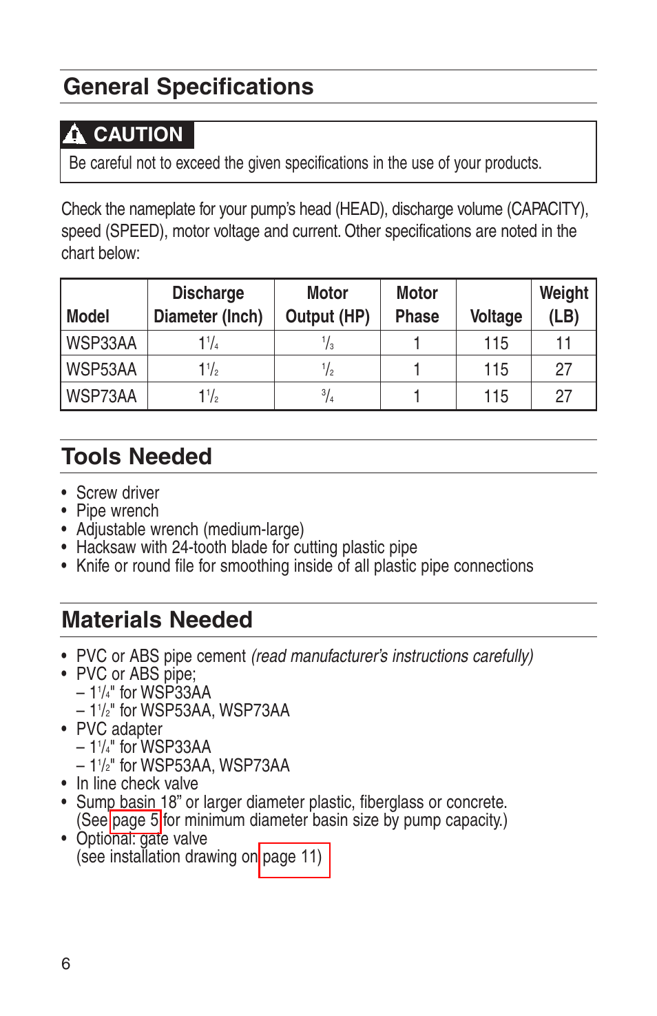 General specifications, Materials needed and installation instructions, Tools needed | Materials needed, General specifications tools needed, Caution | HONDA WSP33AA User Manual | Page 8 / 23