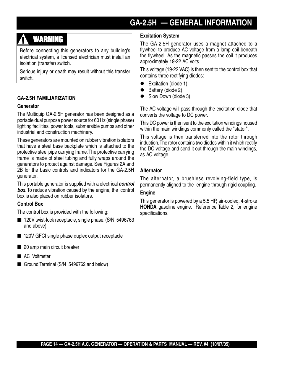 Ga-2.5h — general information, Wwarning arning arning arning arning | HONDA GA-2.5H User Manual | Page 14 / 80