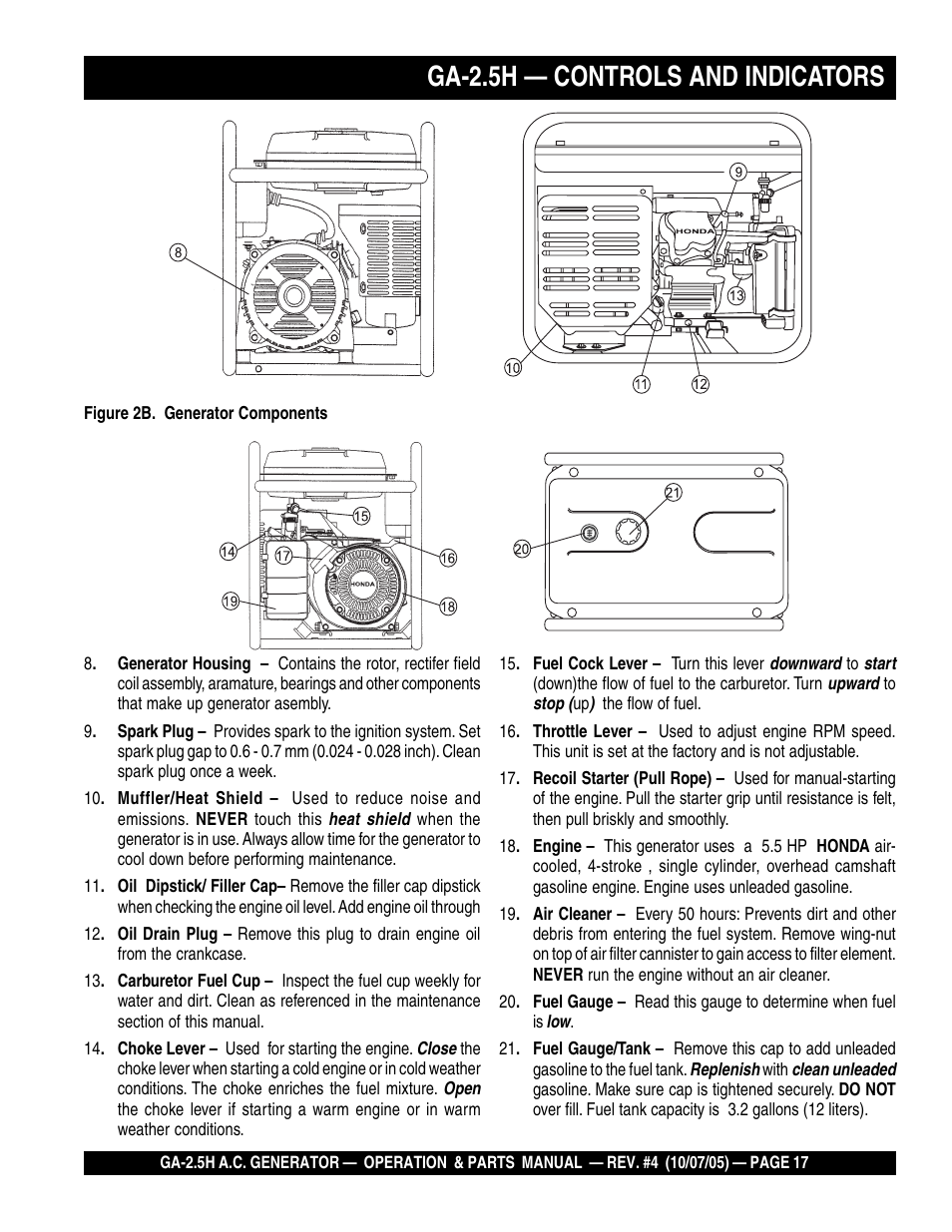 Ga-2.5h — controls and indicators | HONDA GA-2.5H User Manual | Page 17 / 80