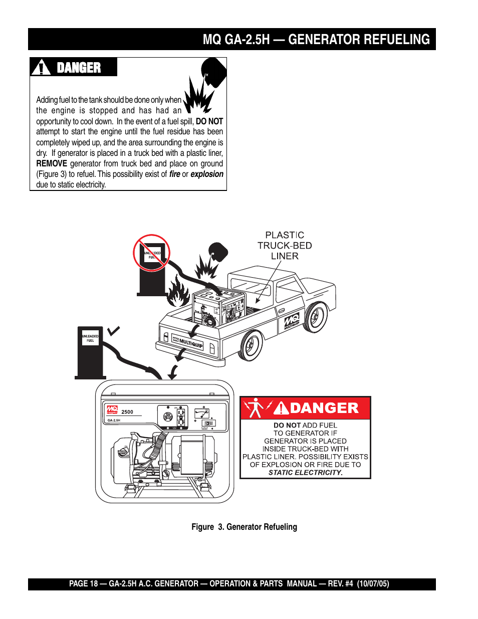 Mq ga-2.5h — generator refueling, Danger | HONDA GA-2.5H User Manual | Page 18 / 80