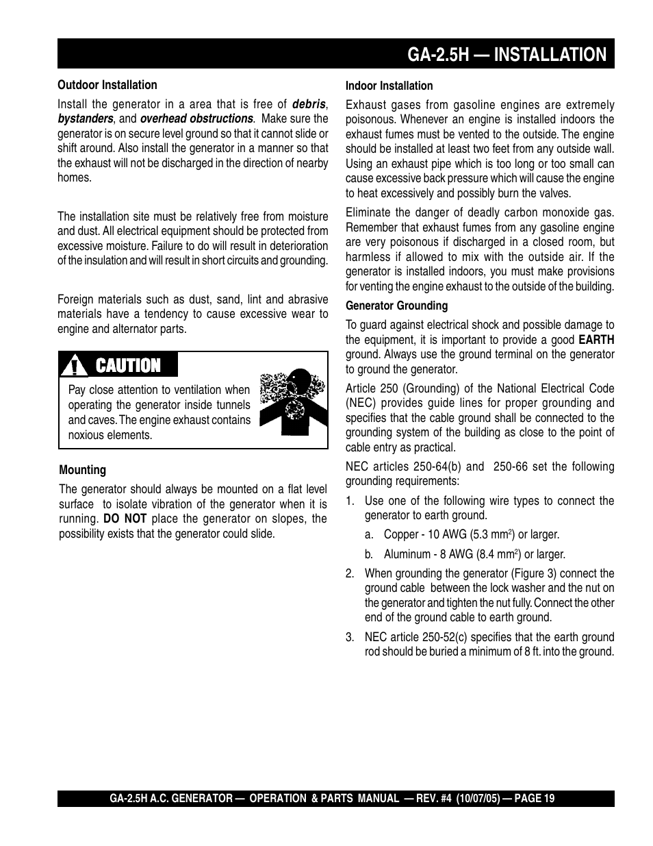 Ga-2.5h — installation, Caution | HONDA GA-2.5H User Manual | Page 19 / 80