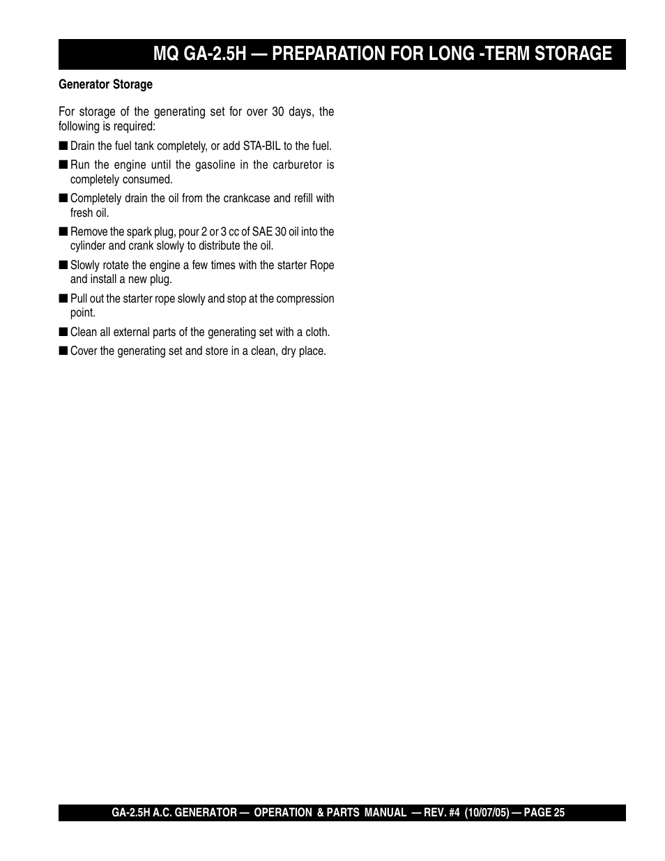 Mq ga-2.5h — preparation for long -term storage | HONDA GA-2.5H User Manual | Page 25 / 80