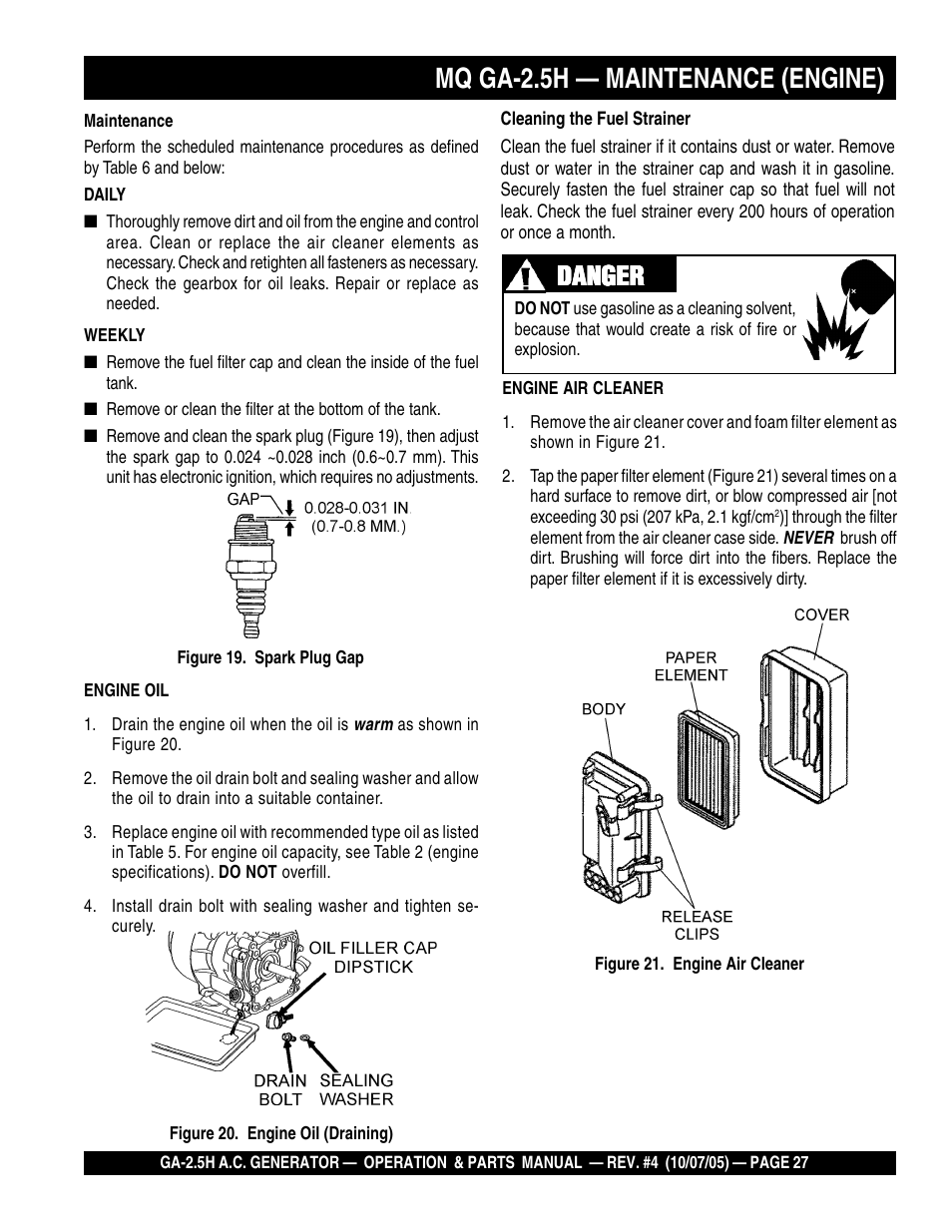 Mq ga-2.5h — maintenance (engine), Danger | HONDA GA-2.5H User Manual | Page 27 / 80