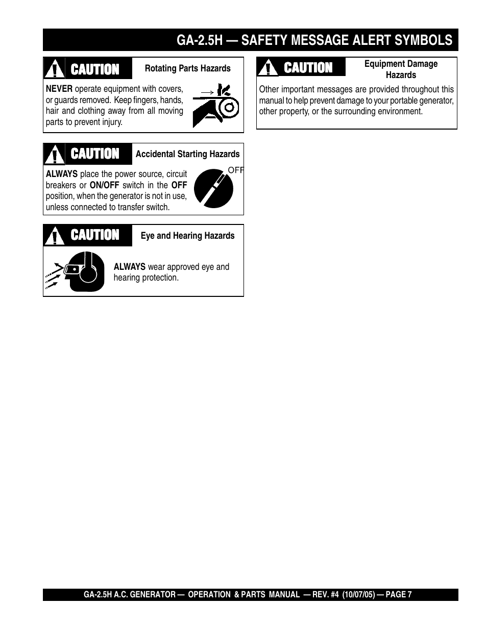 Ga-2.5h — safety message alert symbols | HONDA GA-2.5H User Manual | Page 7 / 80