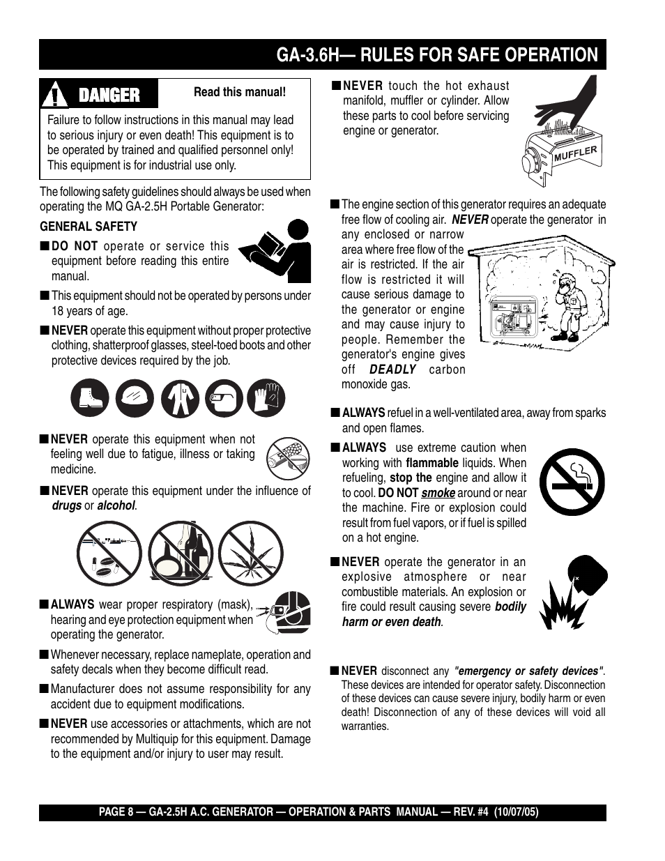 Ga-3.6h— rules for safe operation, Danger | HONDA GA-2.5H User Manual | Page 8 / 80