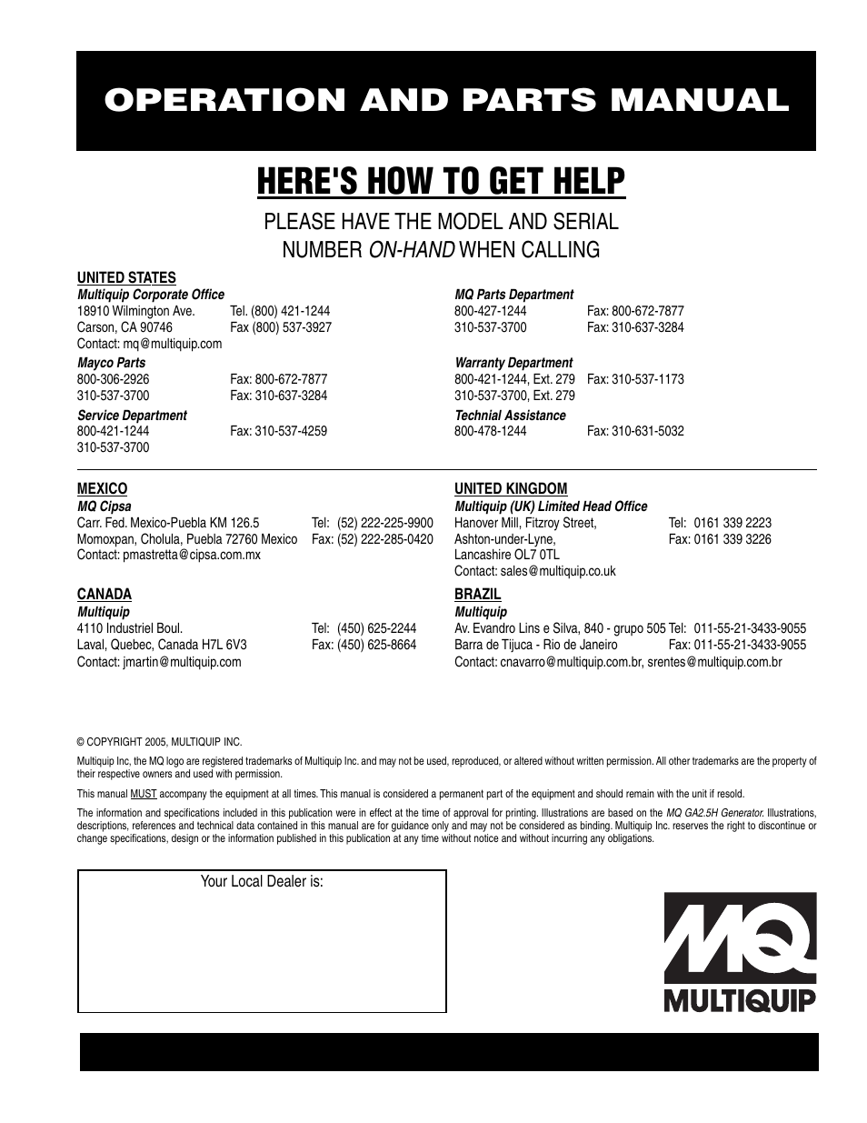 Here's how to get help, Operation and parts manual, On-hand | Please have the model and serial number, When calling | HONDA GA-2.5H User Manual | Page 80 / 80