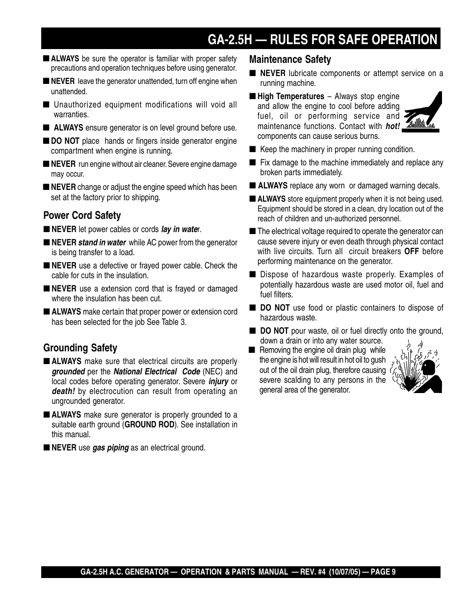 Ga-2.5h — rules for safe operation, Power cord safety, Grounding safety | Maintenance safety | HONDA GA-2.5H User Manual | Page 9 / 80
