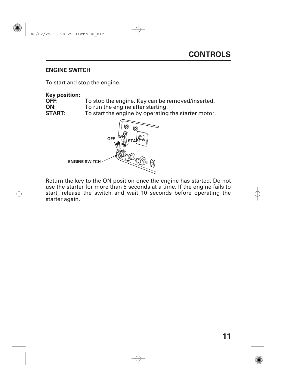 Controls, Engine switch, 11 controls | HONDA EU3000is User Manual | Page 13 / 71