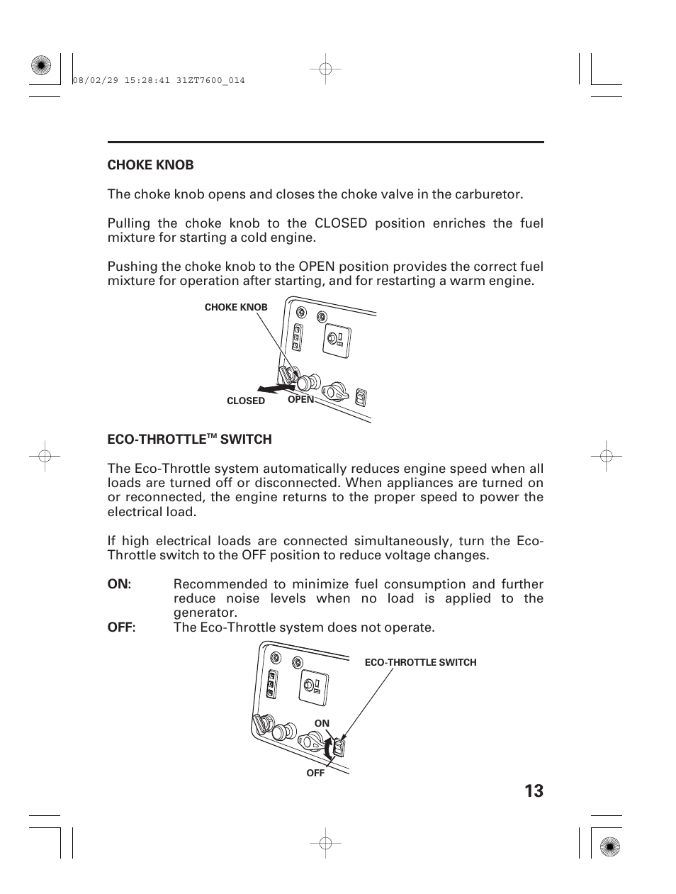 Choke knob, Eco-throttle™ switch | HONDA EU3000is User Manual | Page 15 / 71