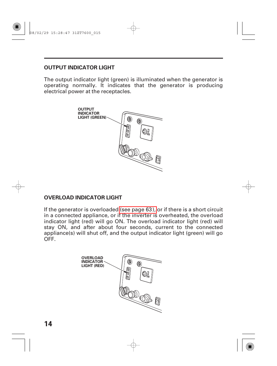 Output indicator light, Overload indicator light | HONDA EU3000is User Manual | Page 16 / 71