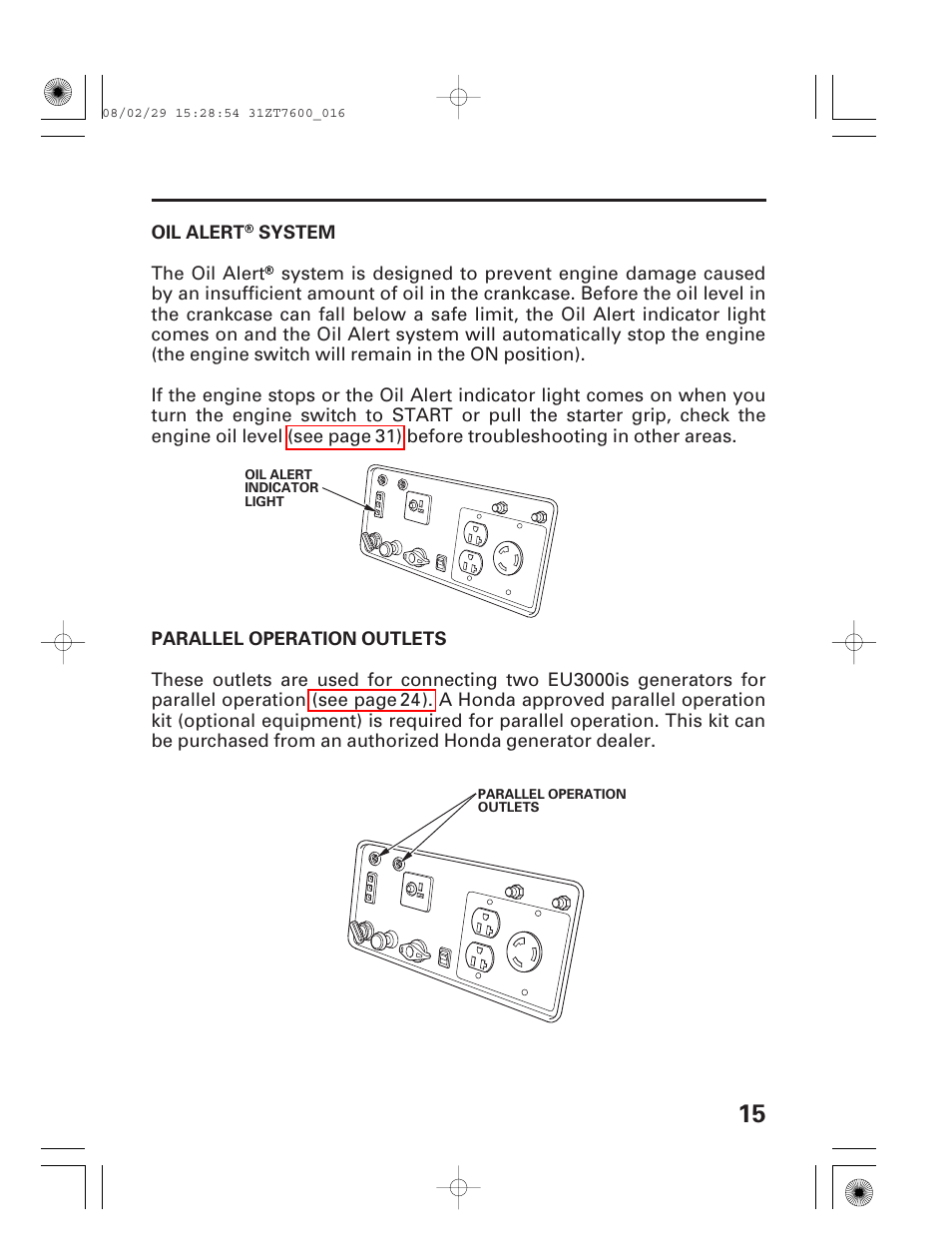Oil alert® system, Parallel operation outlets | HONDA EU3000is User Manual | Page 17 / 71