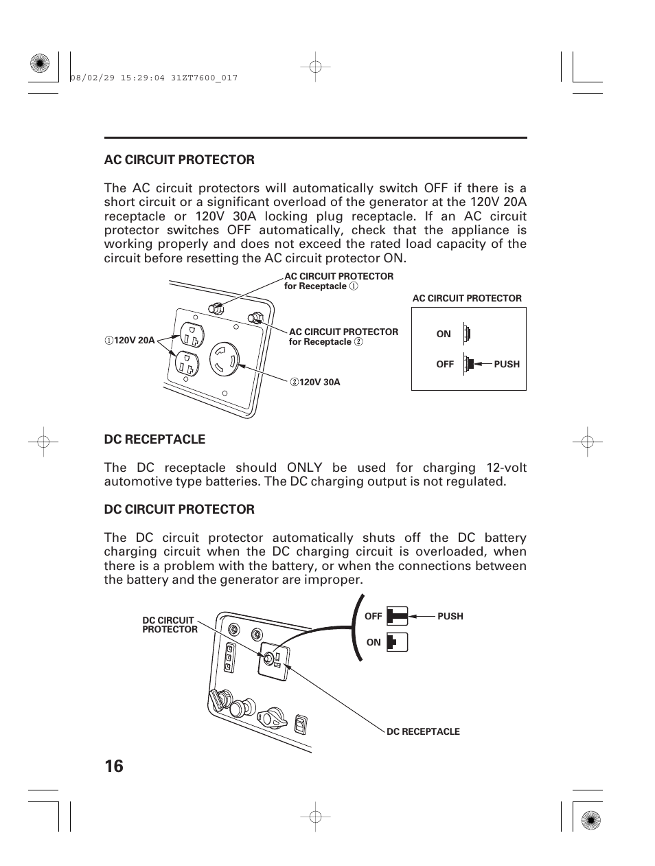Ac circuit protector, Dc receptacle, Dc circuit protector | HONDA EU3000is User Manual | Page 18 / 71