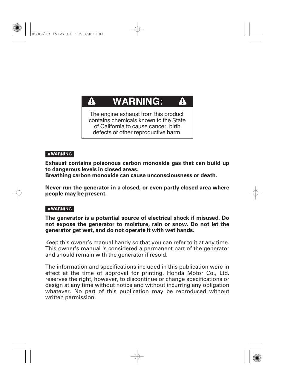 HONDA EU3000is User Manual | Page 2 / 71