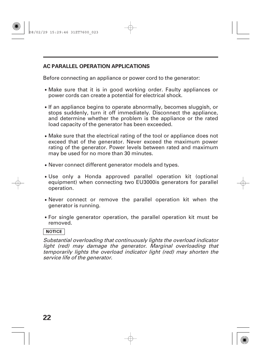 Ac parallel operation applications | HONDA EU3000is User Manual | Page 24 / 71
