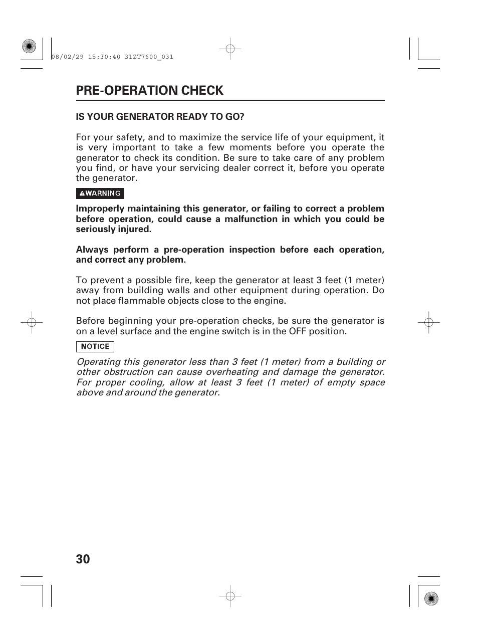 Pre-operation check, Is your generator ready to go, 30 pre-operation check | HONDA EU3000is User Manual | Page 32 / 71