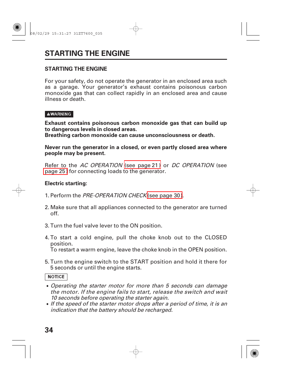 Starting the engine, 34 starting the engine | HONDA EU3000is User Manual | Page 36 / 71