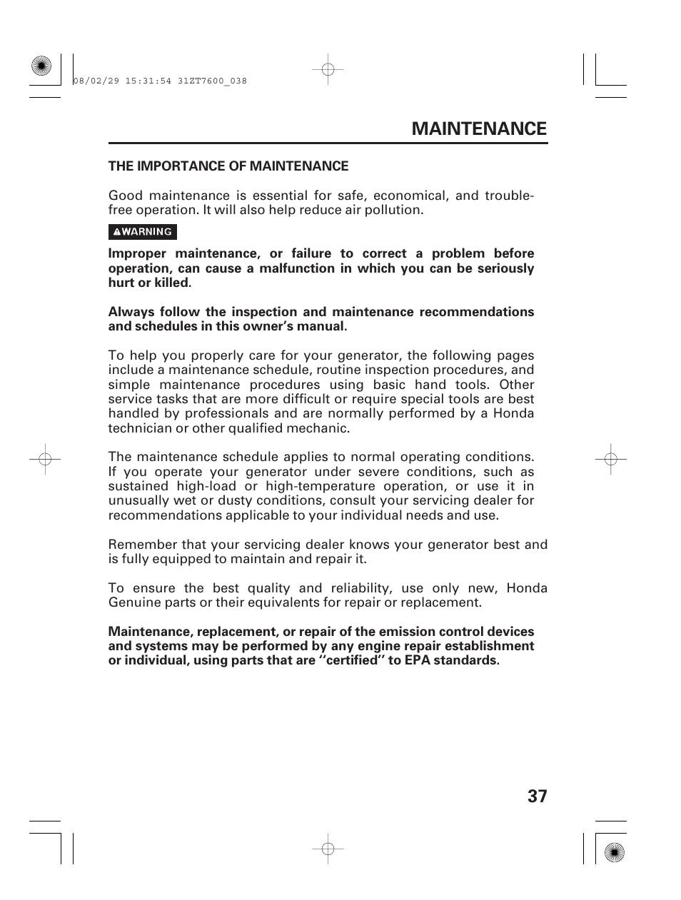Maintenance, The importance of maintenance, 37 maintenance | HONDA EU3000is User Manual | Page 39 / 71