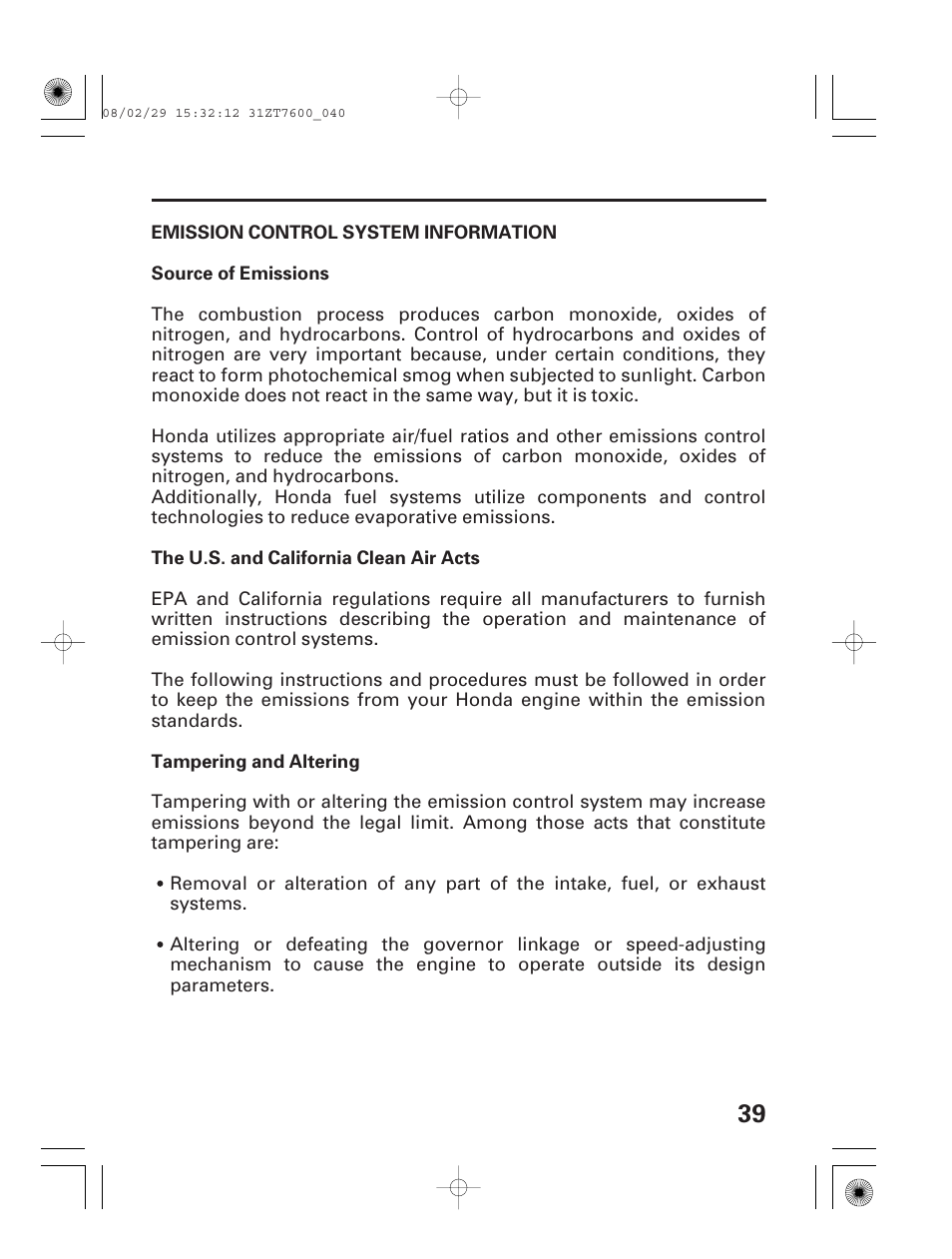 Emission control system information | HONDA EU3000is User Manual | Page 41 / 71
