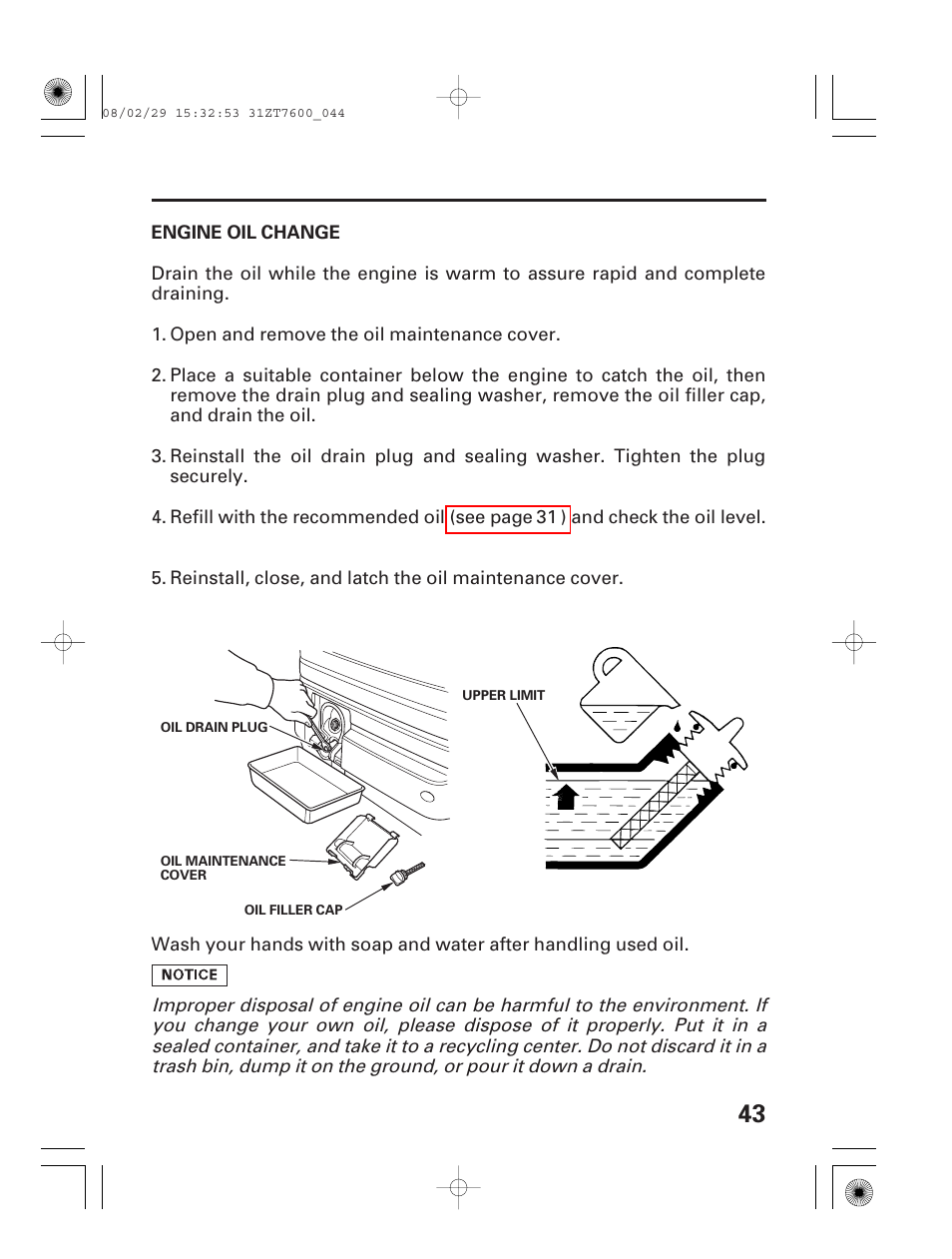 Engine oil change | HONDA EU3000is User Manual | Page 45 / 71