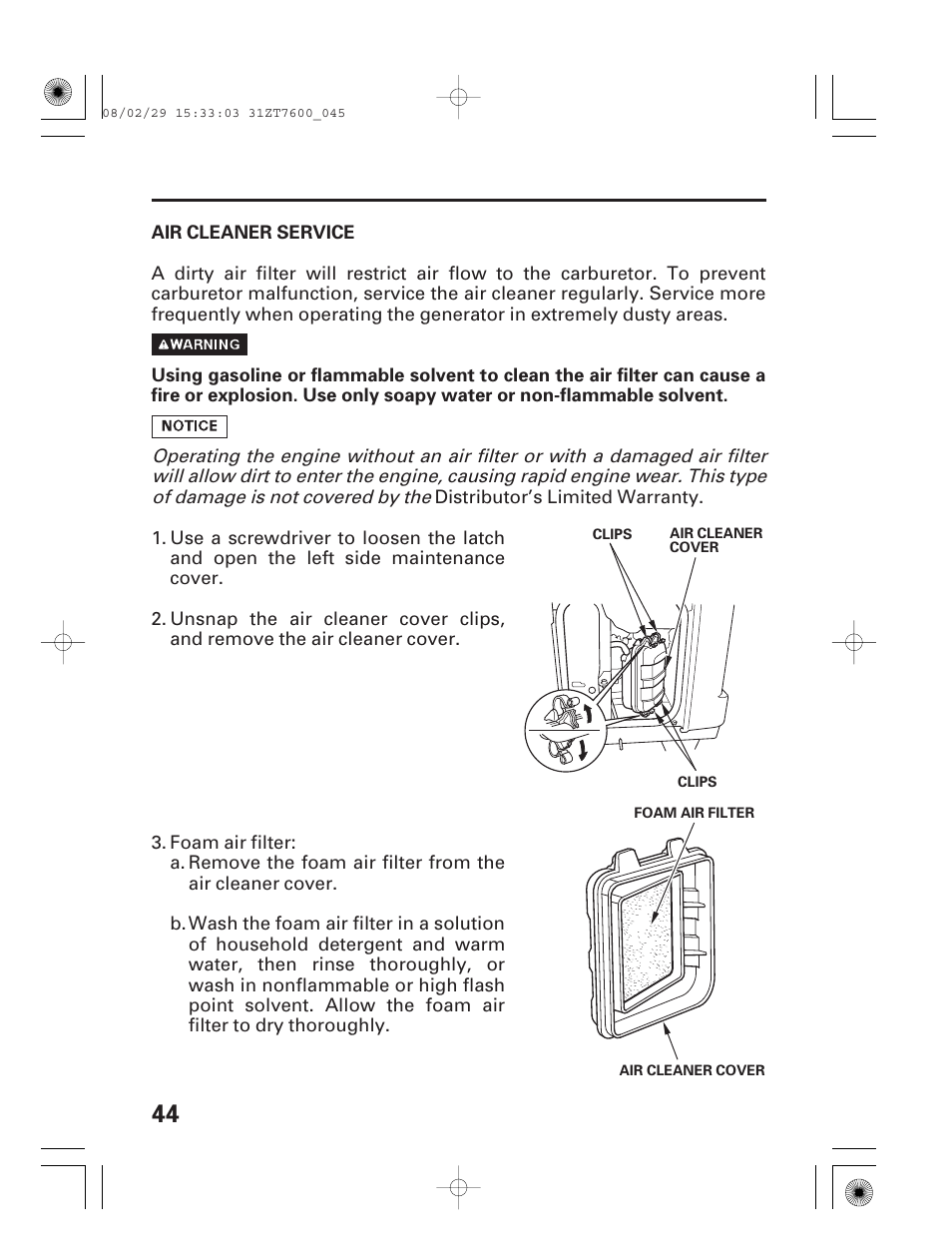 Air cleaner service | HONDA EU3000is User Manual | Page 46 / 71