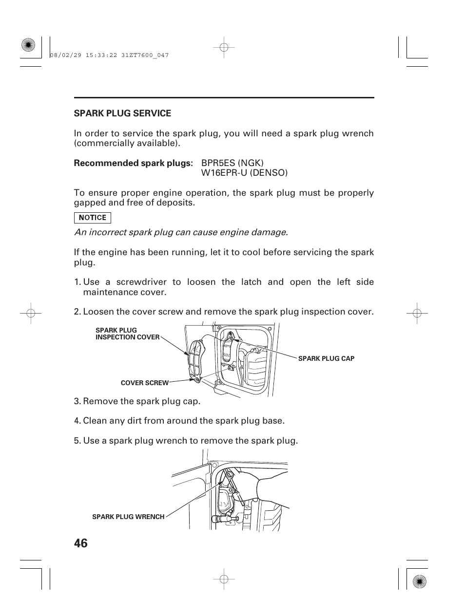Spark plug service | HONDA EU3000is User Manual | Page 48 / 71