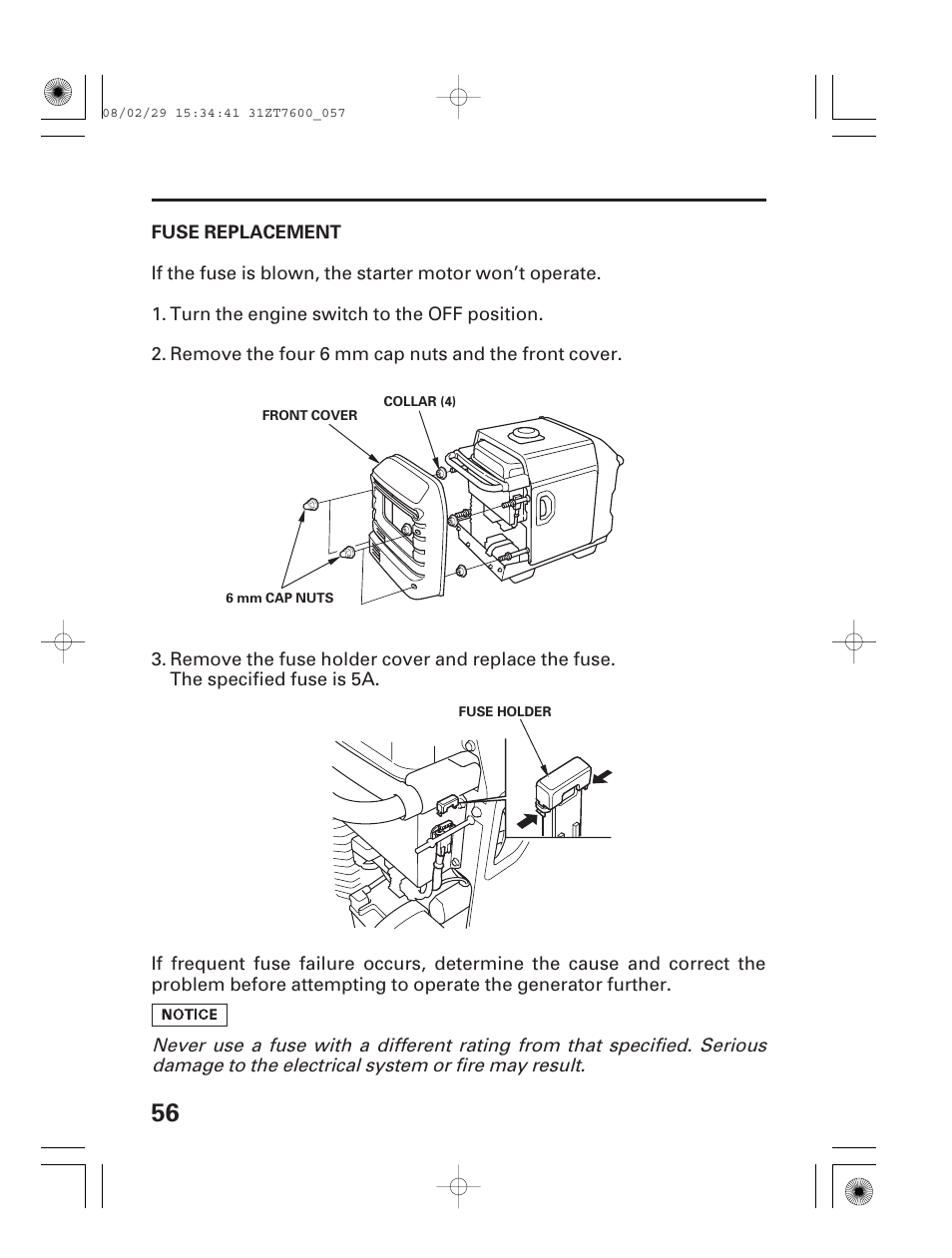 Fuse replacement | HONDA EU3000is User Manual | Page 58 / 71